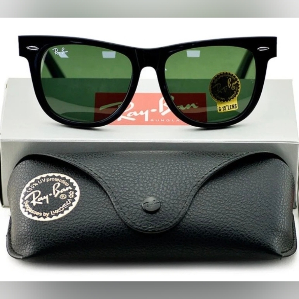 50mm Unisex New With Box Ray-Ban Wayfarer Black Frame Green Lens Sunglasses